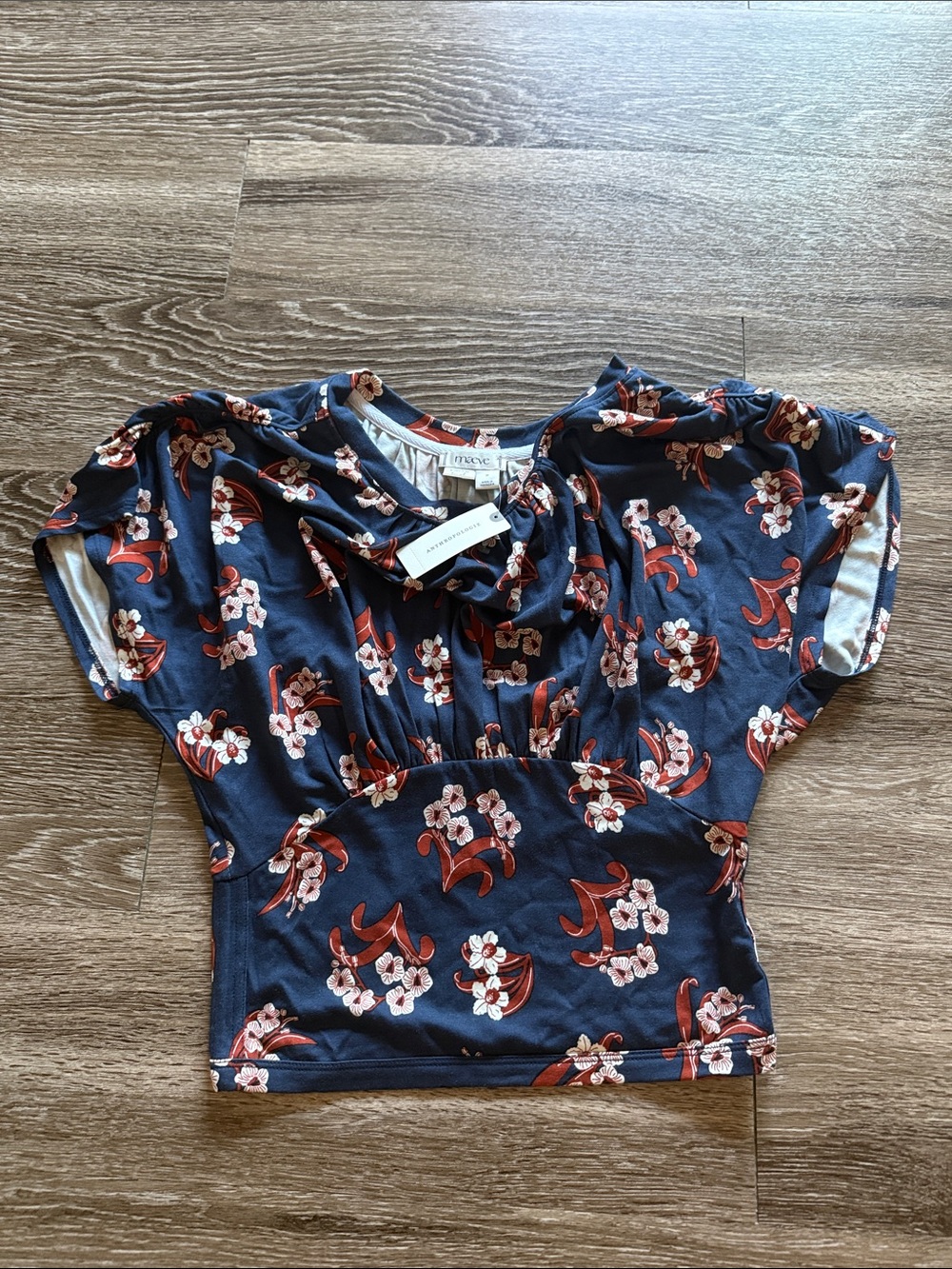 NWT Anthropologie Navy Floral Short Sleeve Top with Rust and White Print